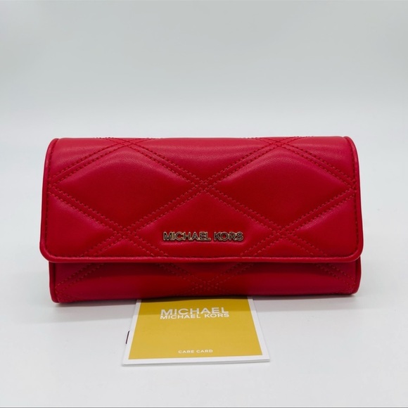 Michael Kors Large Trifold Wallet Rich Red Quilted Leather - Picture 2 of 7